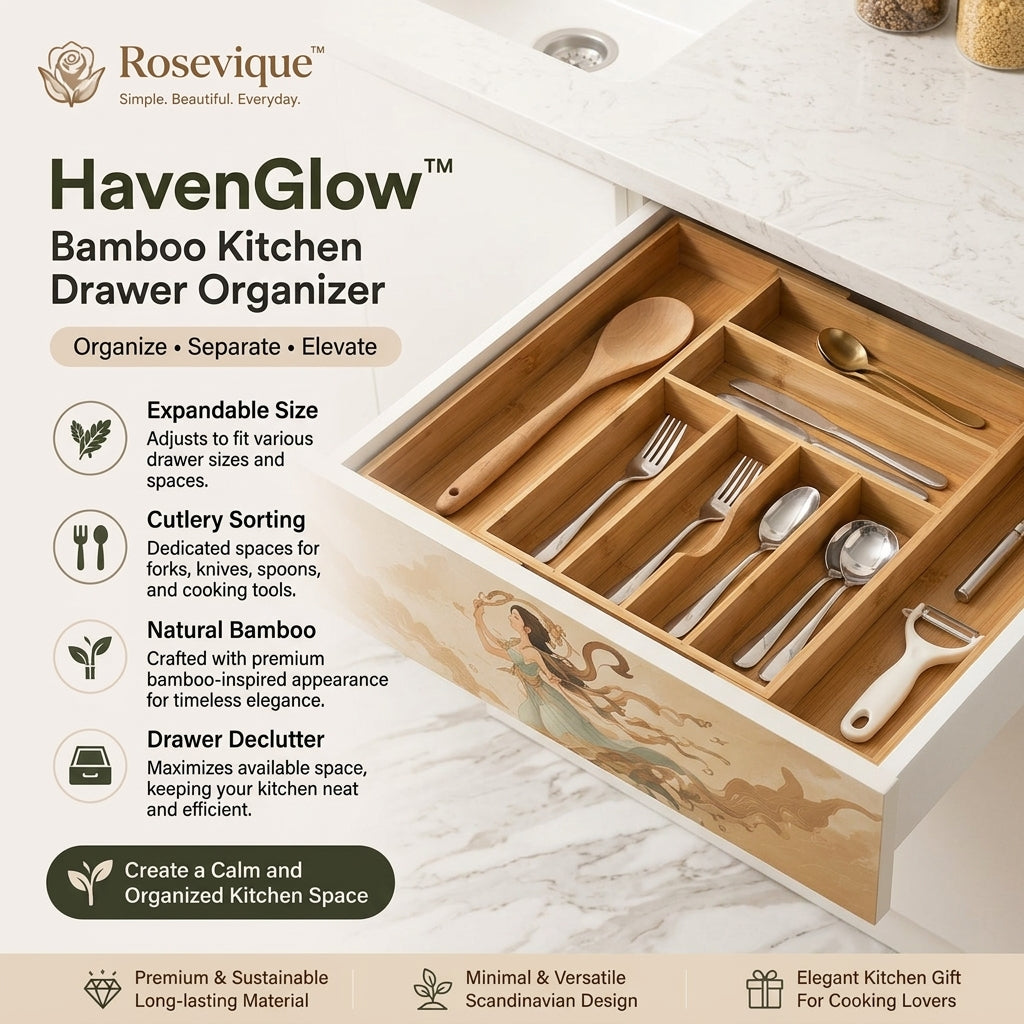 Rosevique™ HavenGlow Bamboo Kitchen Drawer Organizer